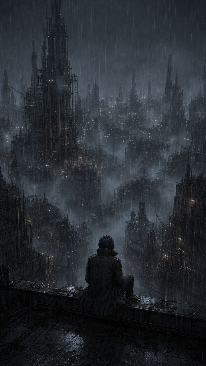 Dean sits on a rooftop ledge in the rain with her back to us, looking out over the industrial sprawl of the Marrow.