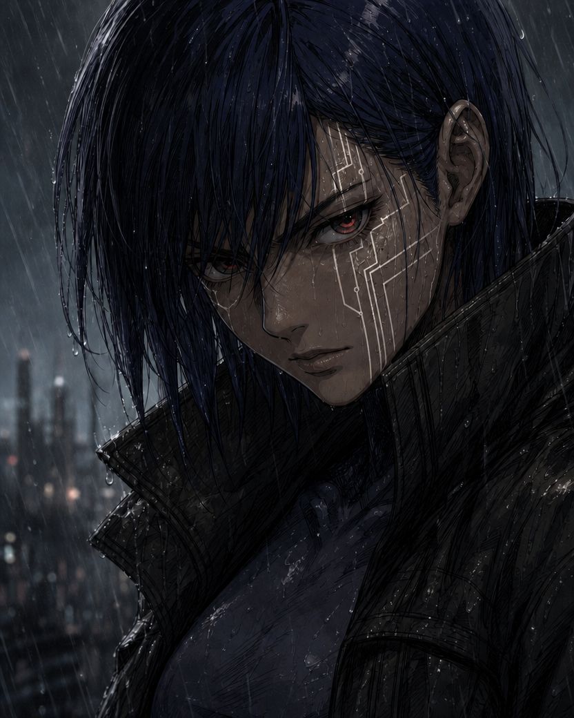 Close portrait of Dean in the rain, a circuit-trace marking running across the side of her face.
