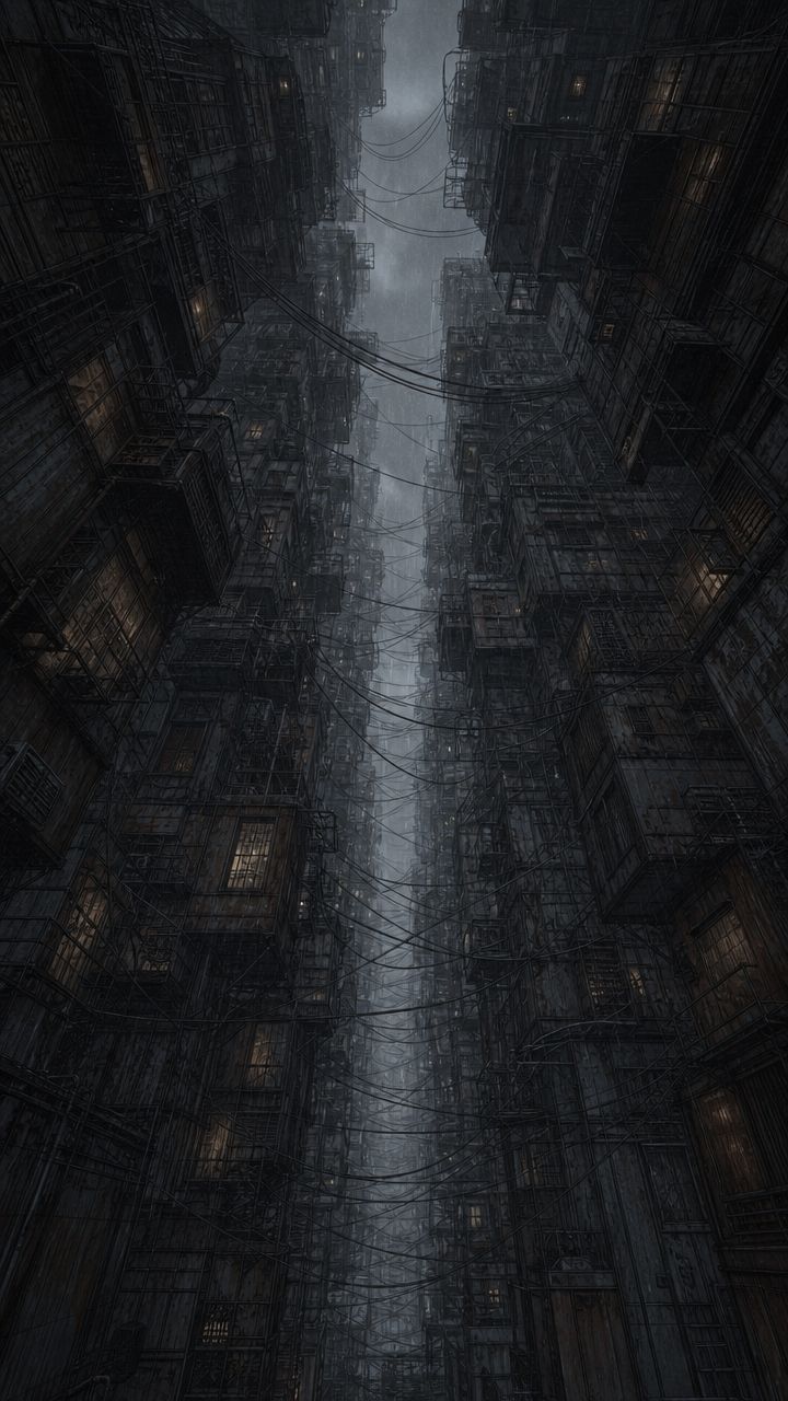 Looking straight up between stacked slum towers, power cables strung across a narrow strip of rain-grey sky.